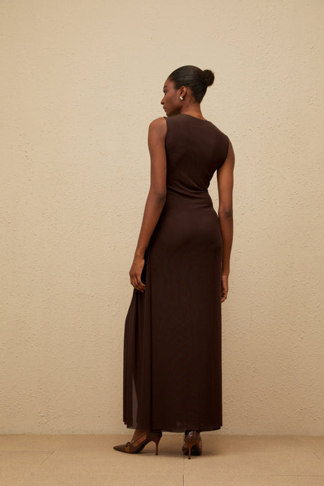Aurohaya Daphné Brown Asymmetrical Braided Tulle Midi Dress