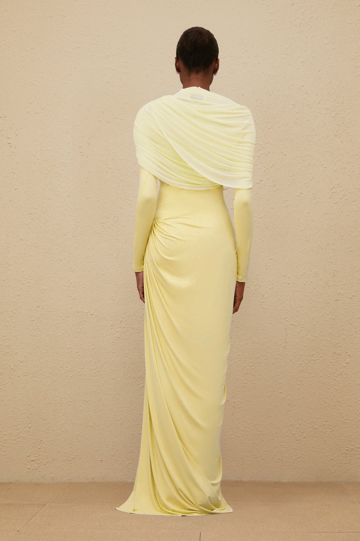 Aurohaya Catherine Yellow Asymmetrical Pleated Long-Sleeve Maxi Dress
