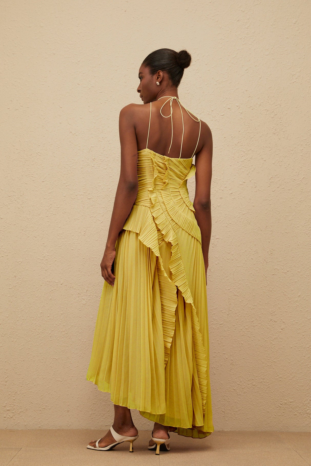Aurohaya Doux Yellow Ruffled Trim Pleated Midi Dress