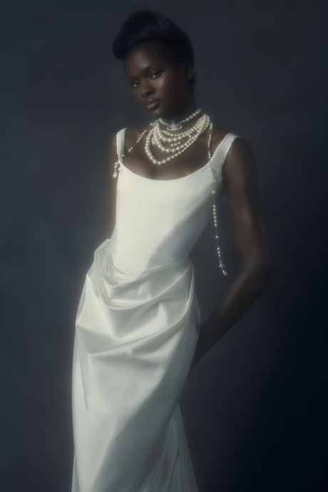 Aurohaya Fiona White Satin Square Neck Maxi Dress