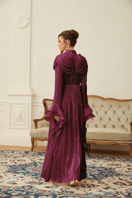 Aurohaya Danuta Burgundy Ruched Pleated Maxi Dress