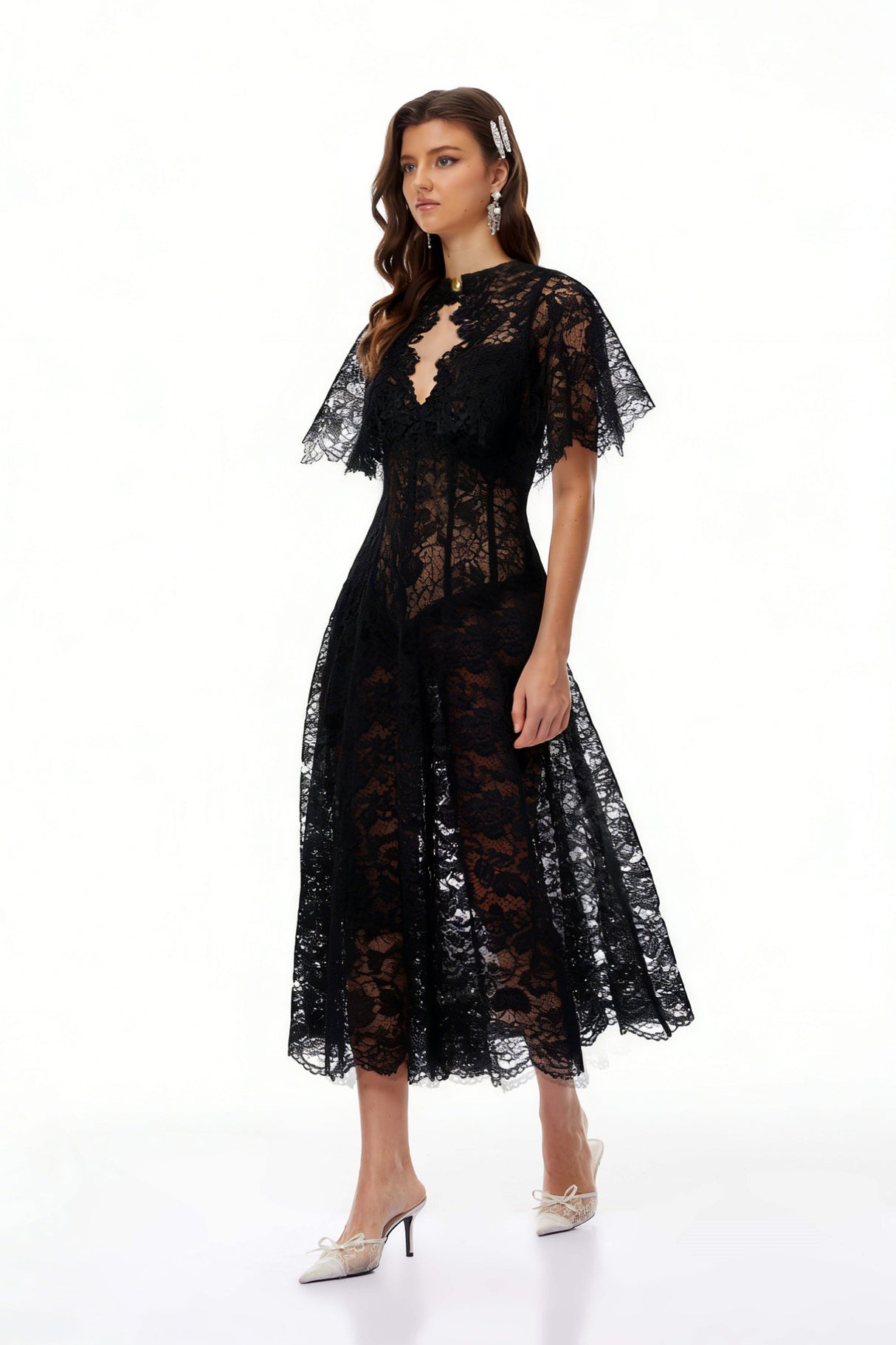 Aurohaya Alaia Black Cape Design Floral Lace Midi Dress