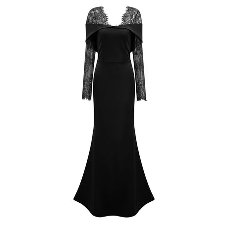 Aurohaya Georgiana Black Lace Panel Flared Maxi Gown