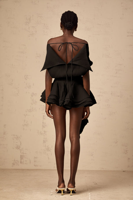 Aurohaya Amélie Black Floral Appliqué Flounced Mini Dress