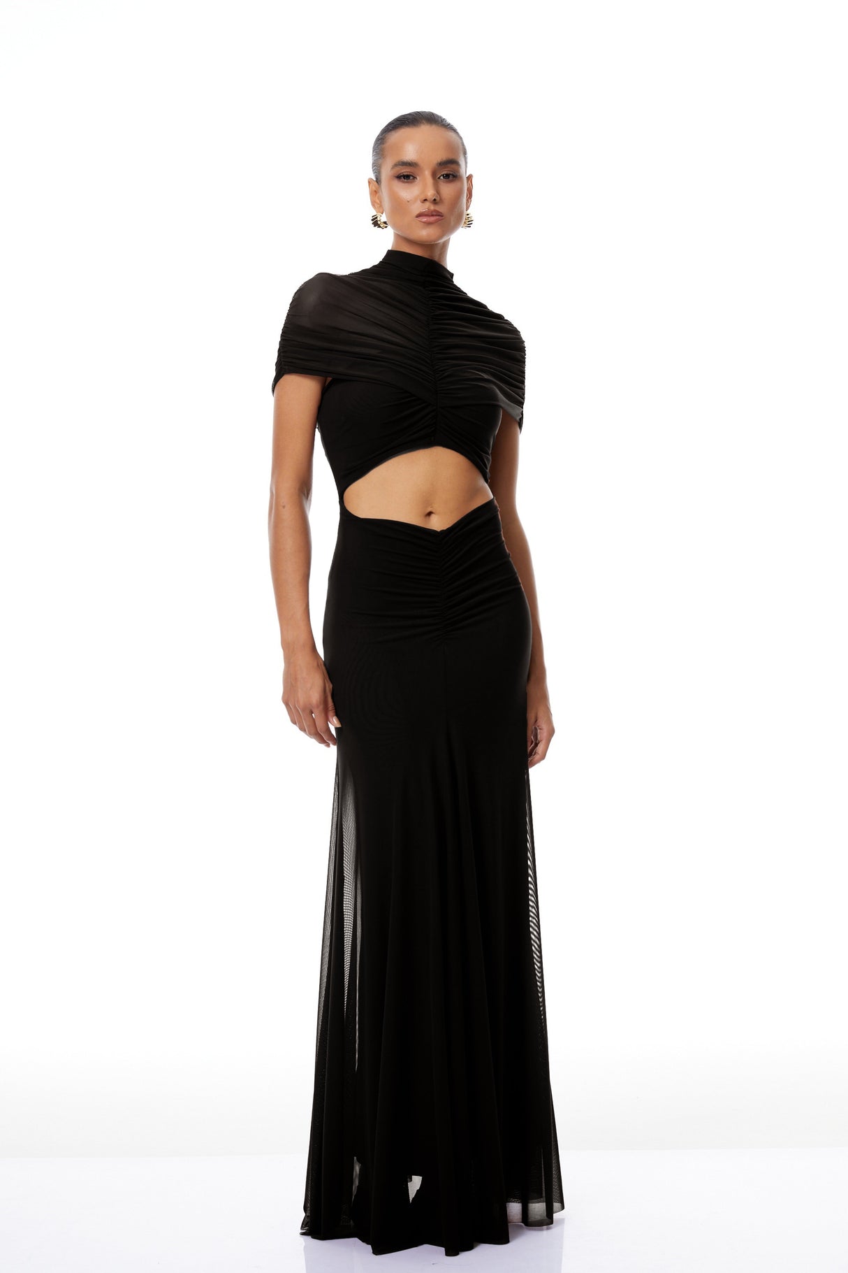 Aurohaya Bruna Cut-Out Ruched Mesh Maxi Dress