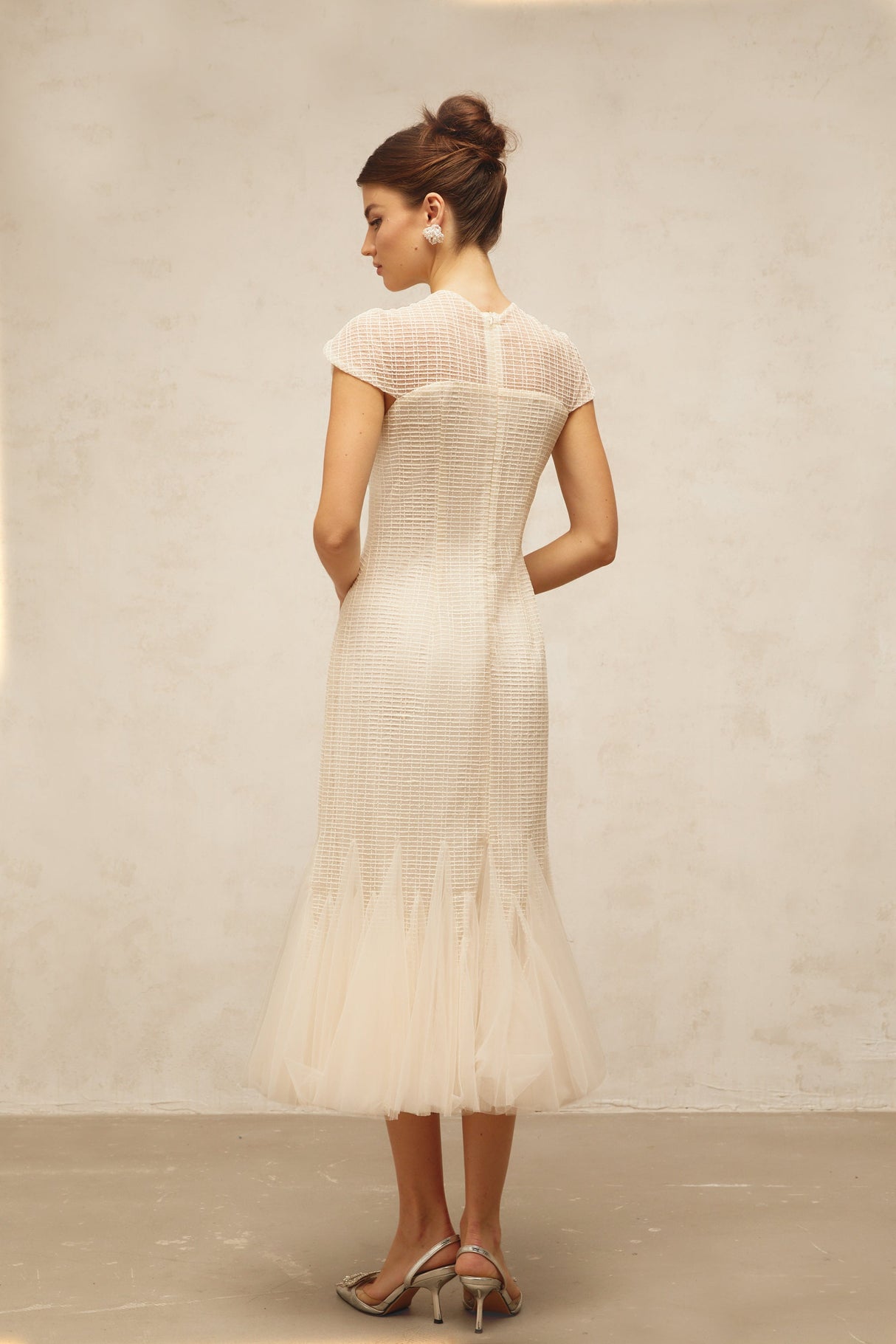Aurohaya Bérengère white jacquard tulle-panel midi dress