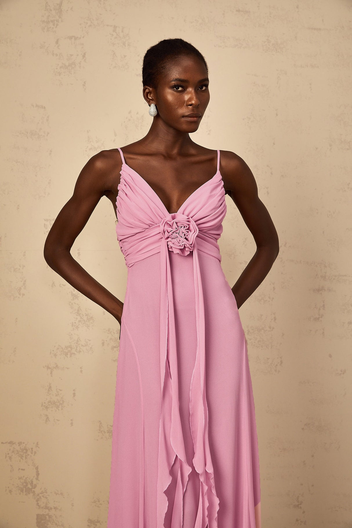Aurohaya Ysandre Rose-Pink 3D Petal Tulle Maxi Dress