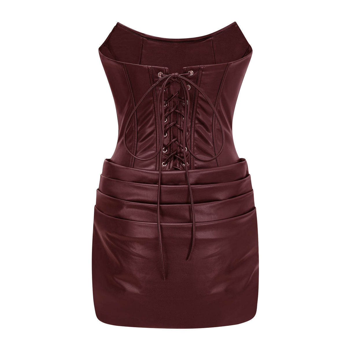 Aurohaya Agnes Brown Ruched Leather Bodycon Mini Dress