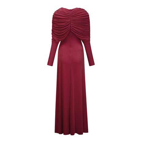 Aurohaya Moderne Red Cape-Design Ruched Maxi Dress