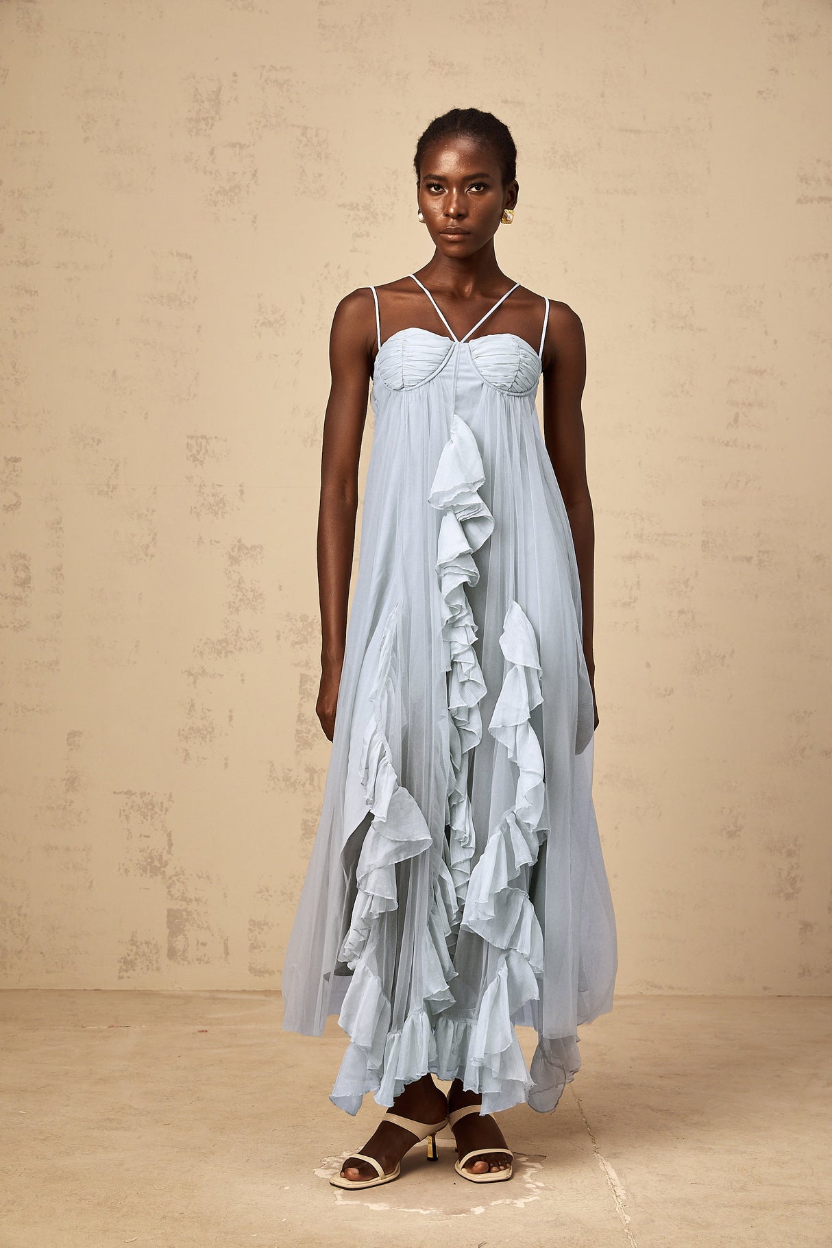 Aurohaya Colette layered ruffled tulle maxi dress in Blue
