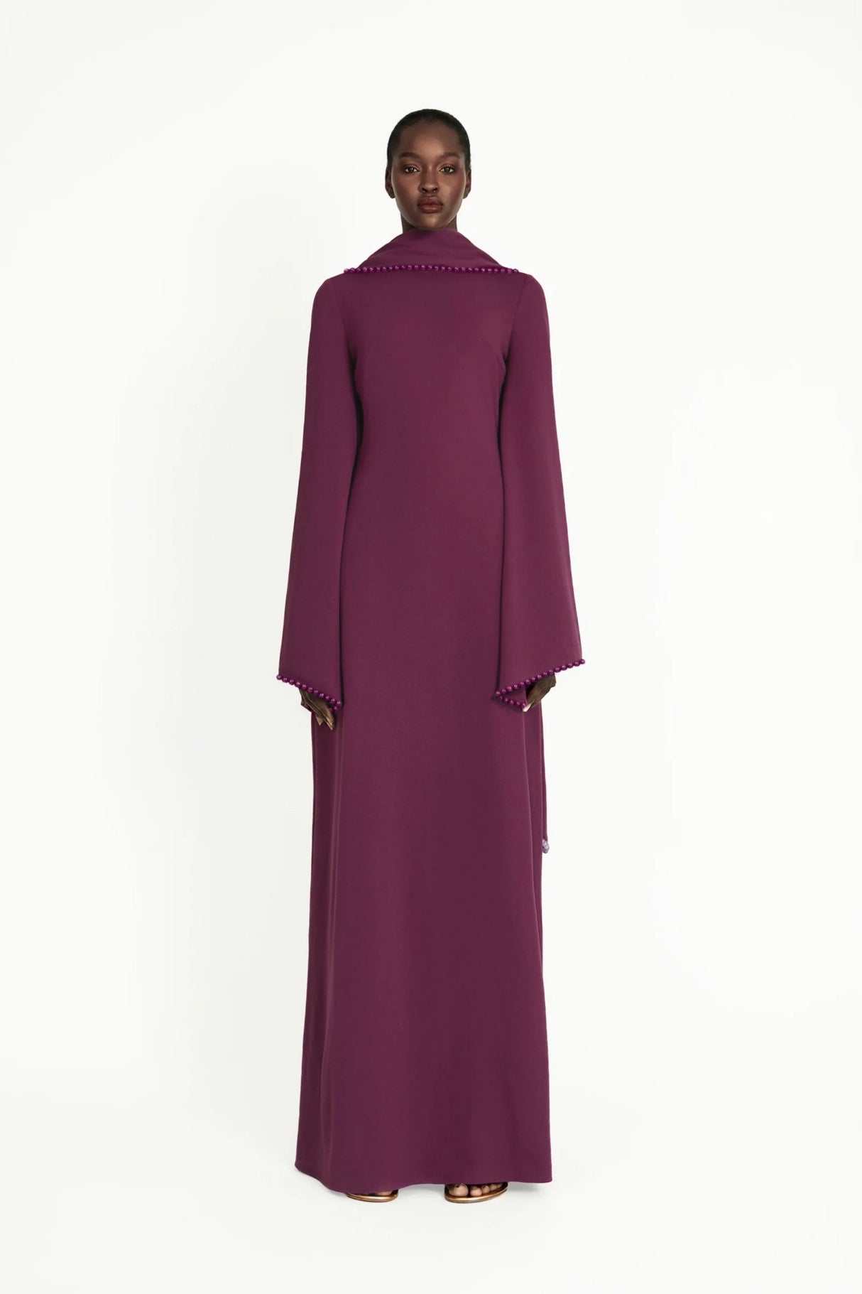 Aurohaya Piroska Purple Pearl Trim Shawl Detail Maxi Dress