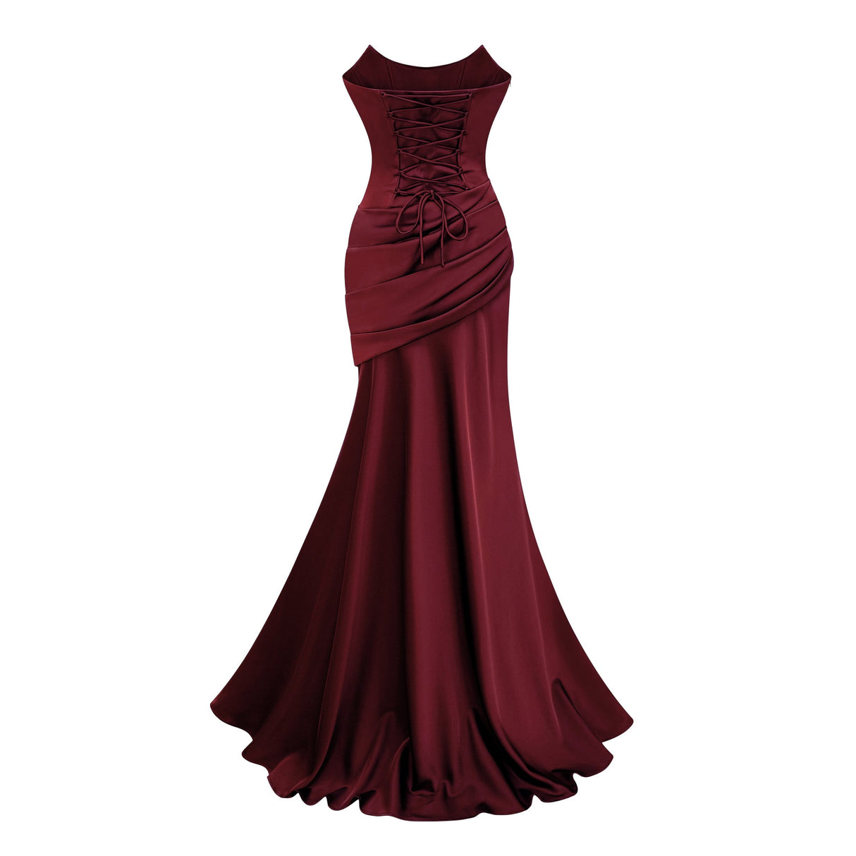 Aurohaya Marilou Burgundy Ruched Satin Maxi Dress