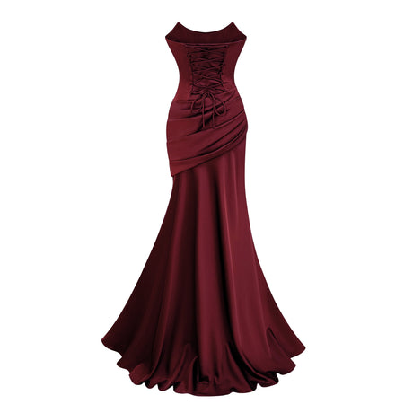 Aurohaya Marilou Burgundy Ruched Satin Maxi Dress