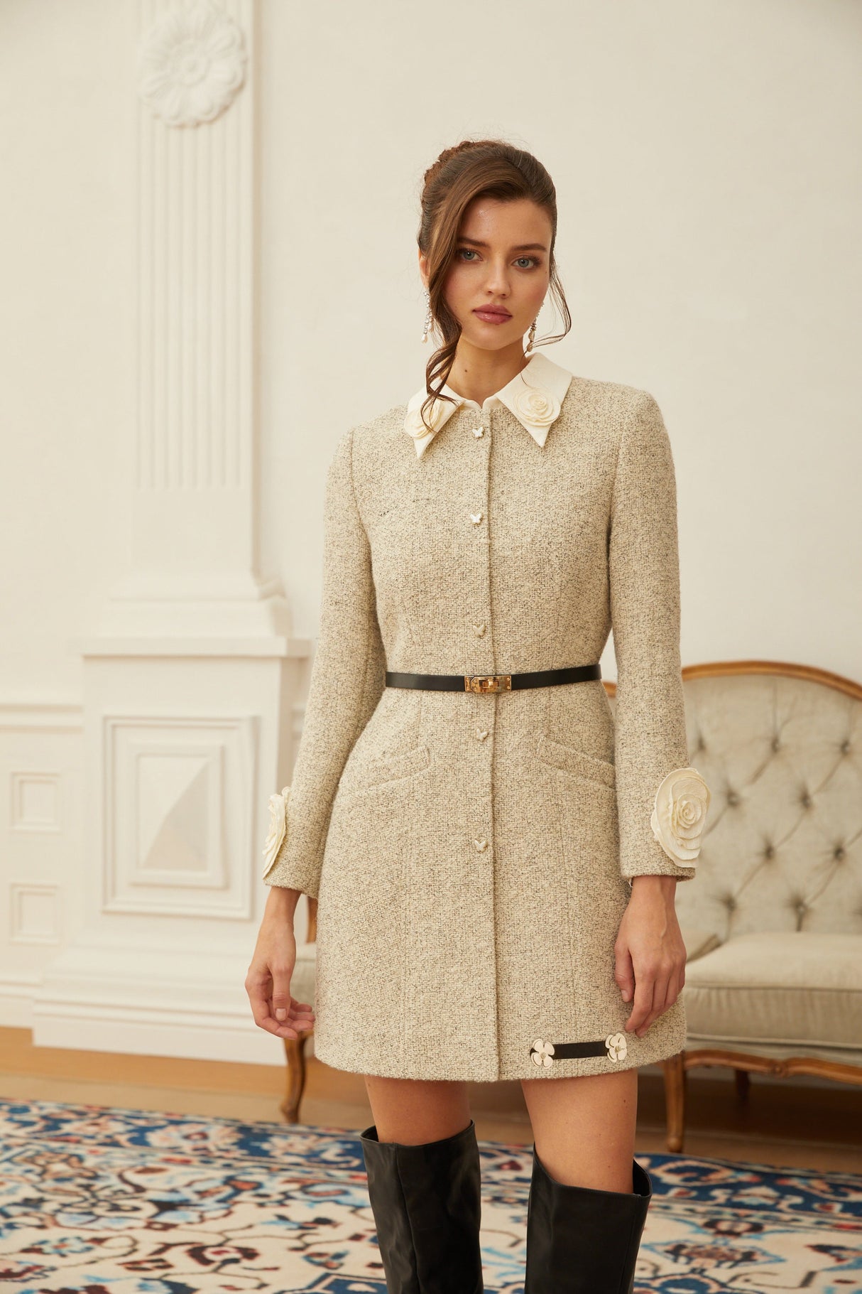 Aurohaya Élodie Neutral 3D Petal Tweed Mini Dress