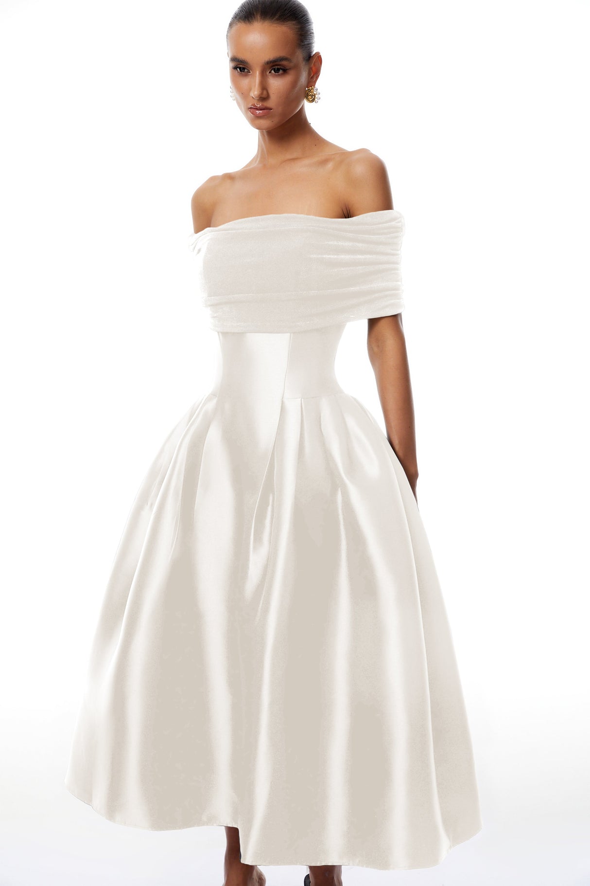 Aurohaya Ainara White Off Shoulder Polished Midi Dress