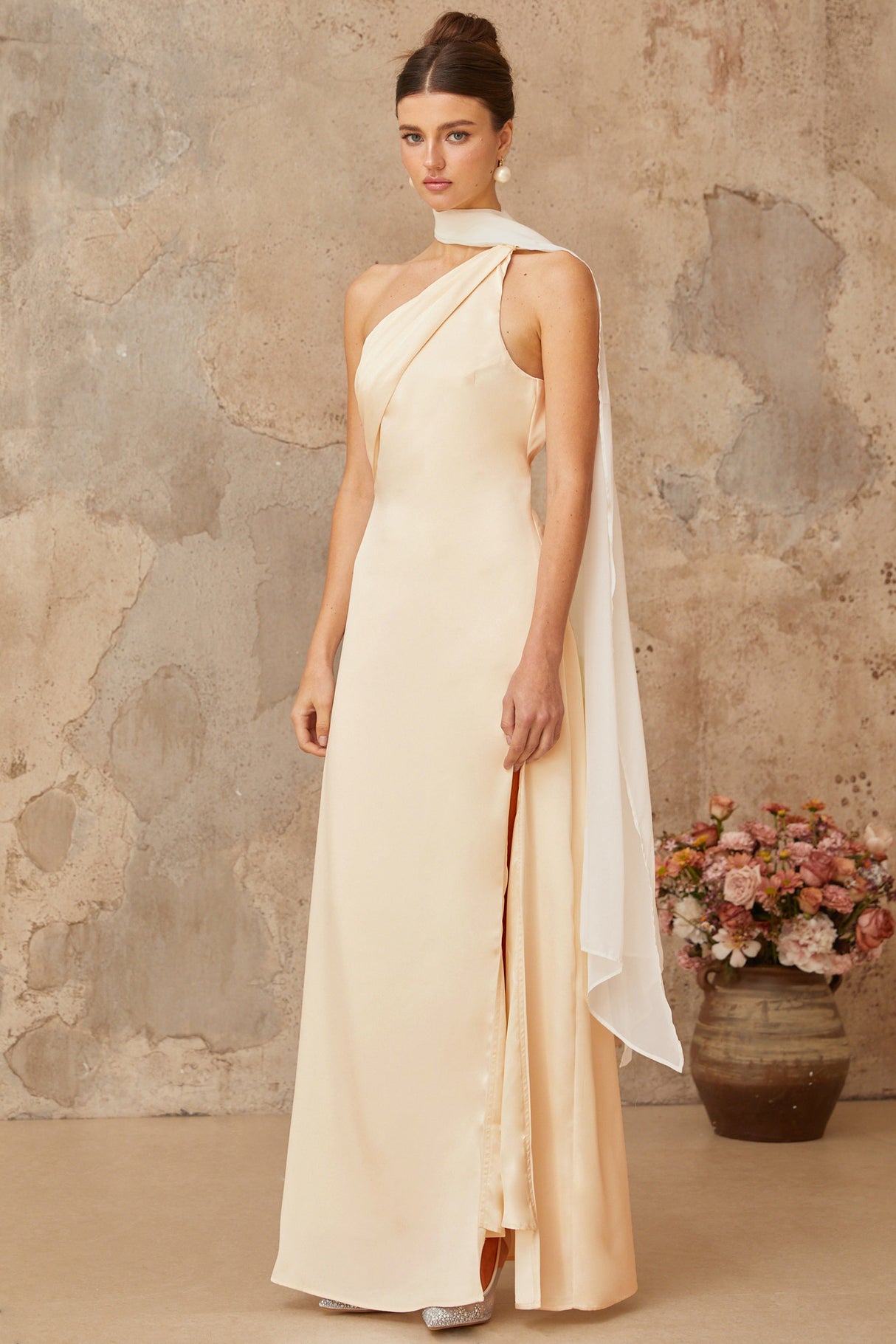 Aurohaya Thérèse neutral scarf-design satin maxi dress