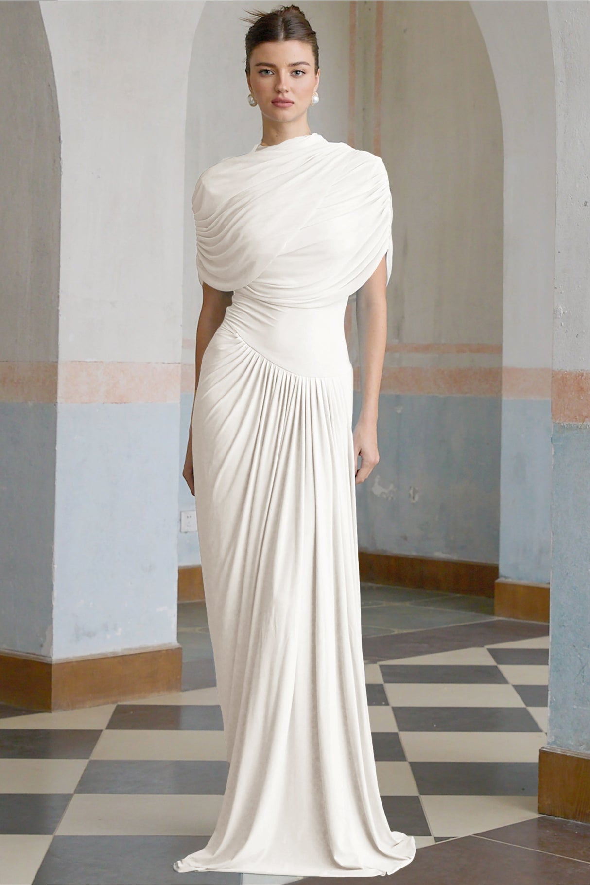 Aurohaya Catherine White Asymmetrical Pleated Maxi Dress