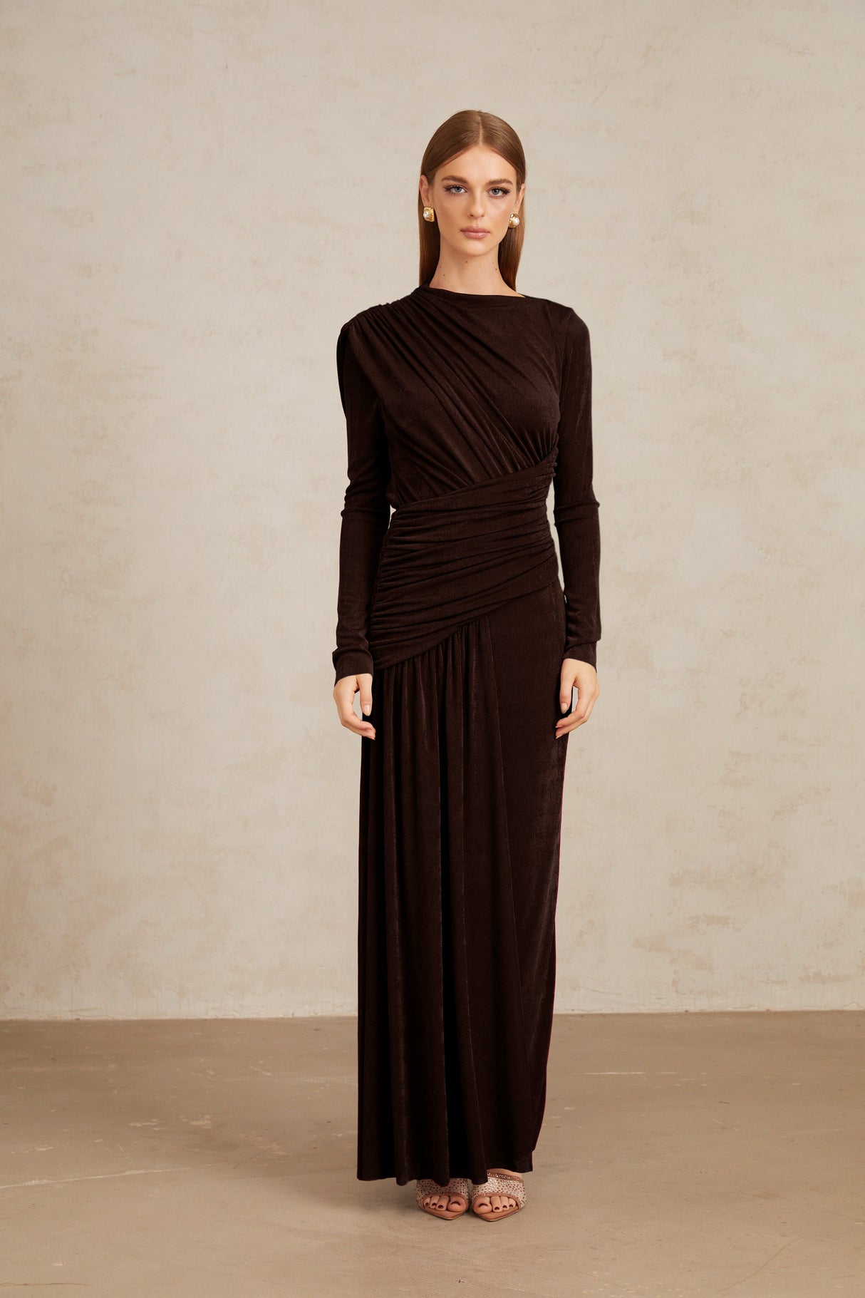 Aurohaya Charme Brown Ruched Maxi Dress