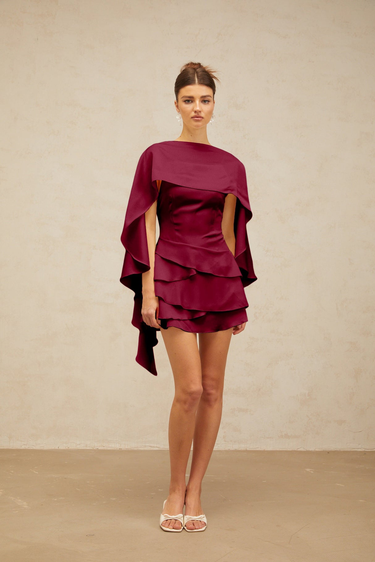 Aurohaya Lyna shawl-panel ruffled satin mini dress in Red
