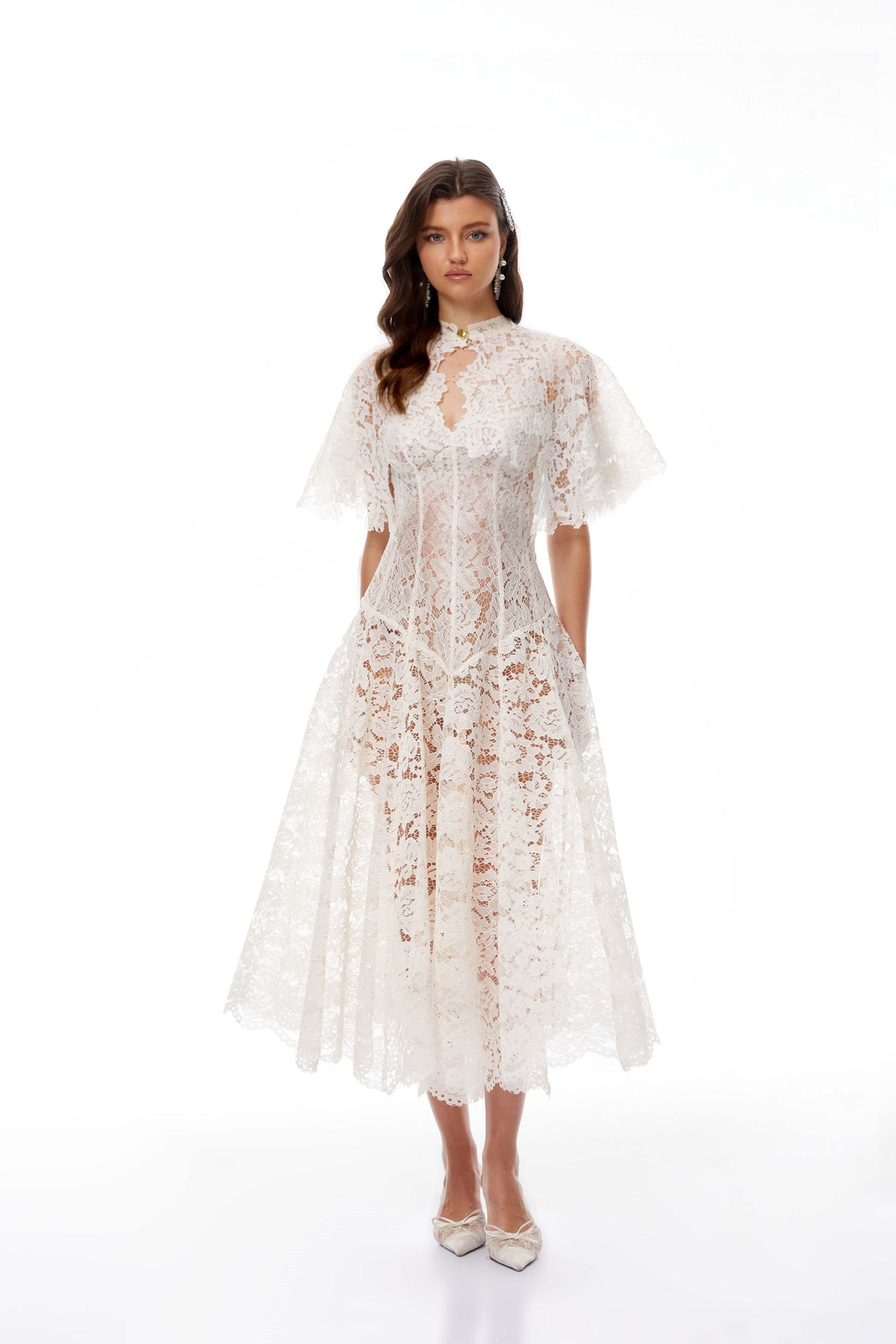 Aurohaya Alaia White Cape Design Floral Lace Midi Dress