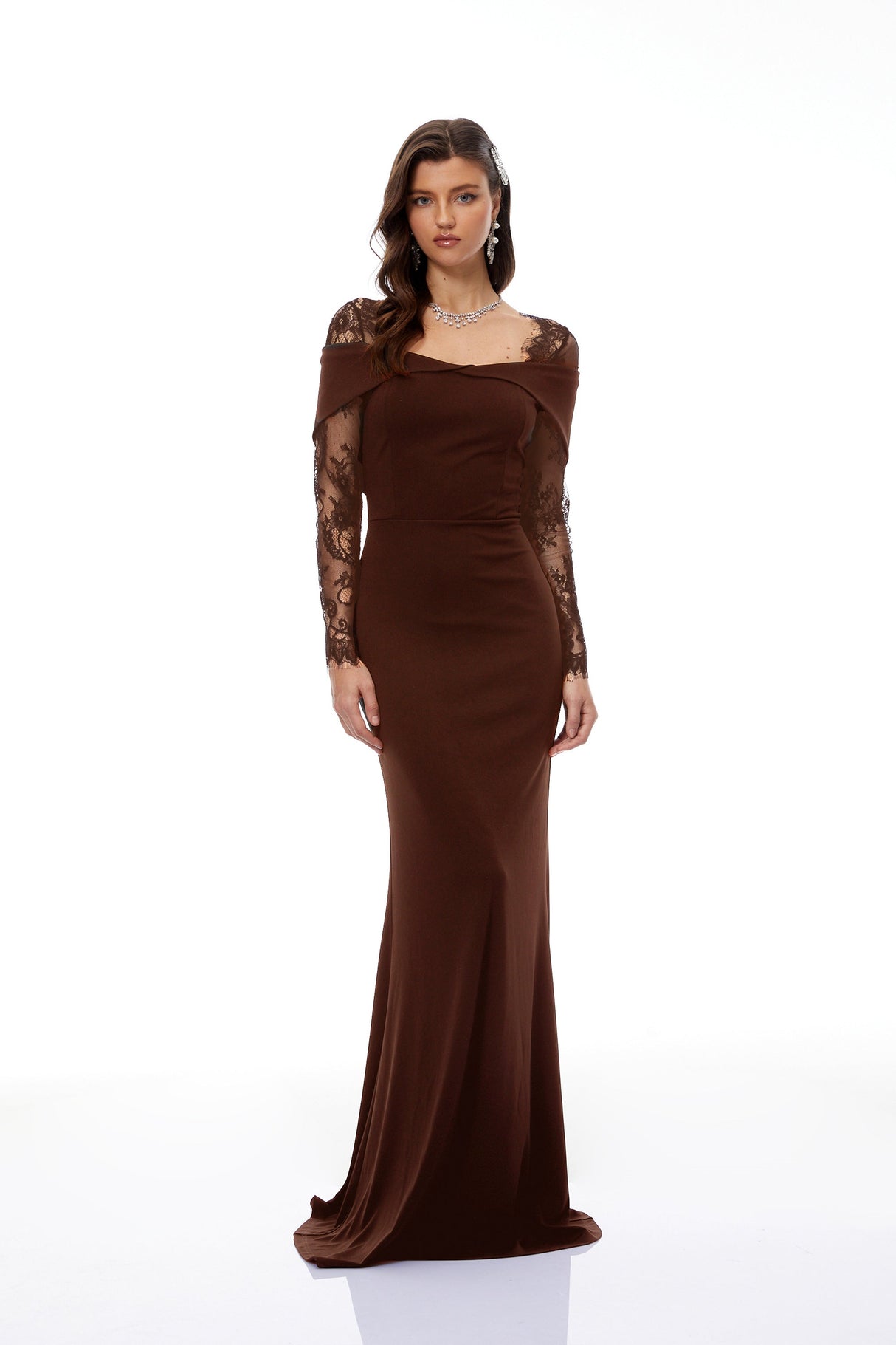 Aurohaya Georgiana Brown Lace Panel Flared Maxi Gown