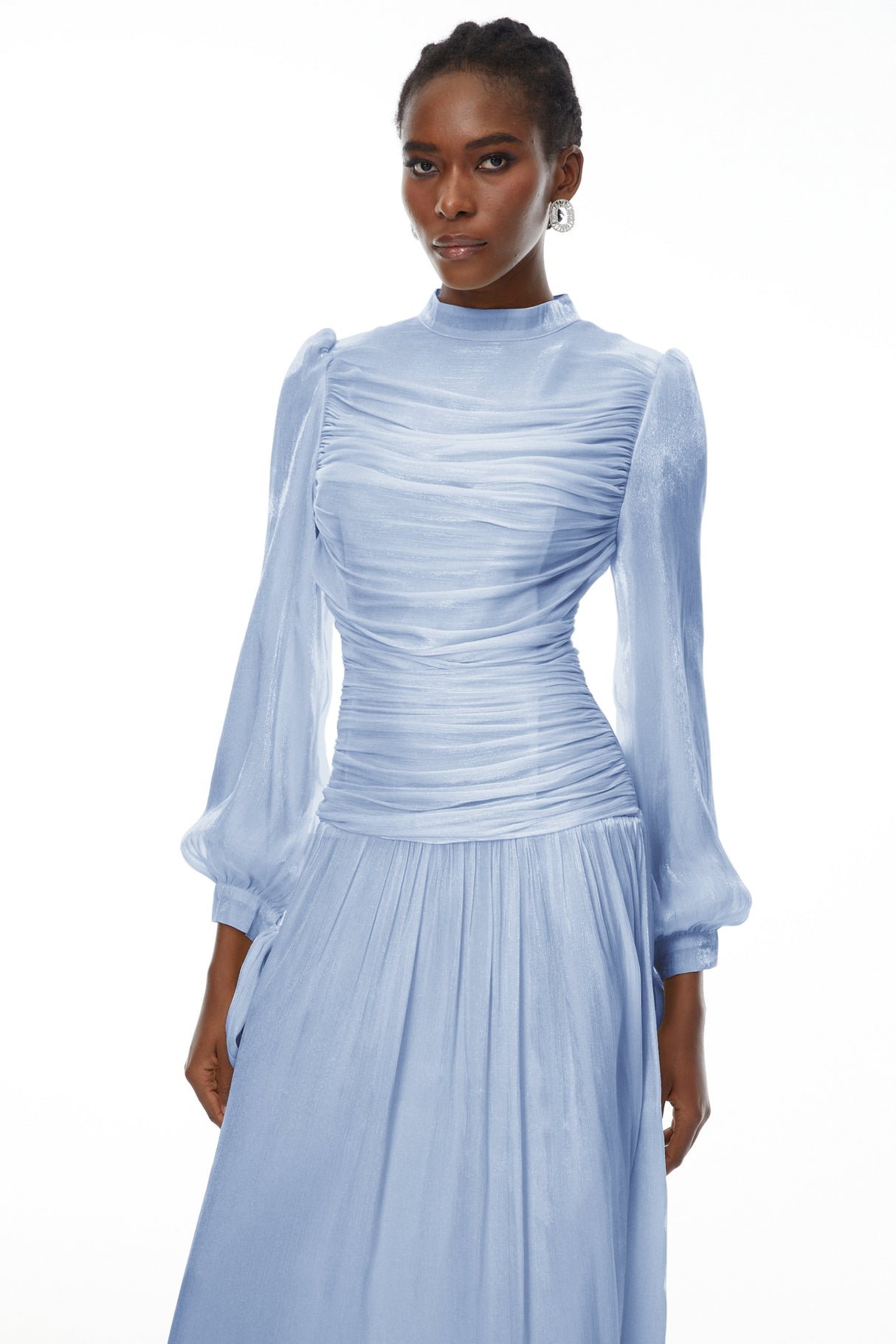 Aurohaya Katrín Blue Glossy Gathered Maxi Dress