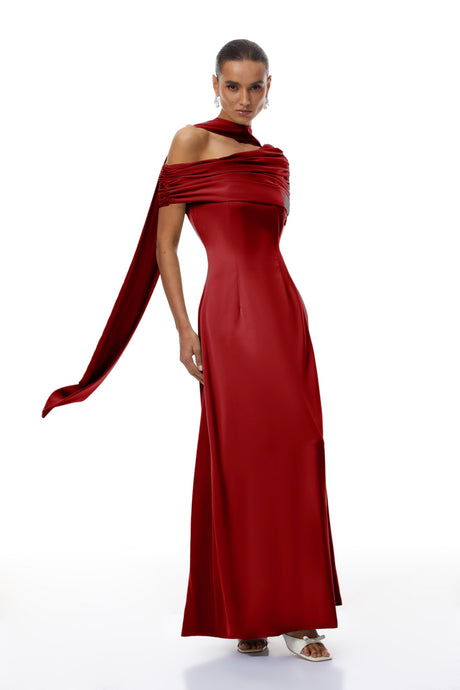 Aurohaya Benedetta Red One Shoulder Satin Maxi Dress