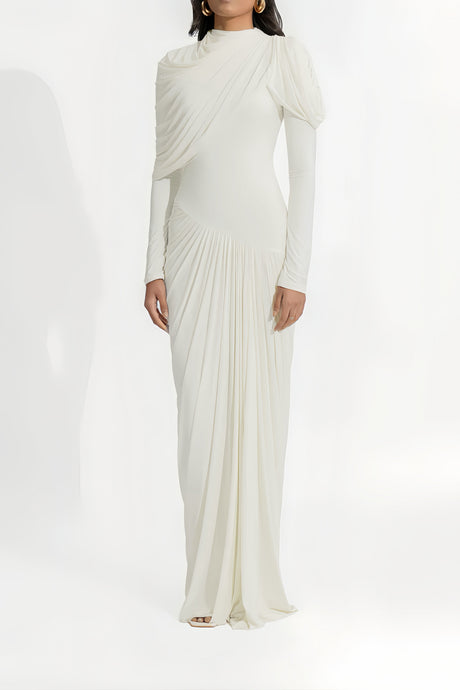 Aurohaya Bronwyn White Draped Pleated Asymmetrical Maxi Dress