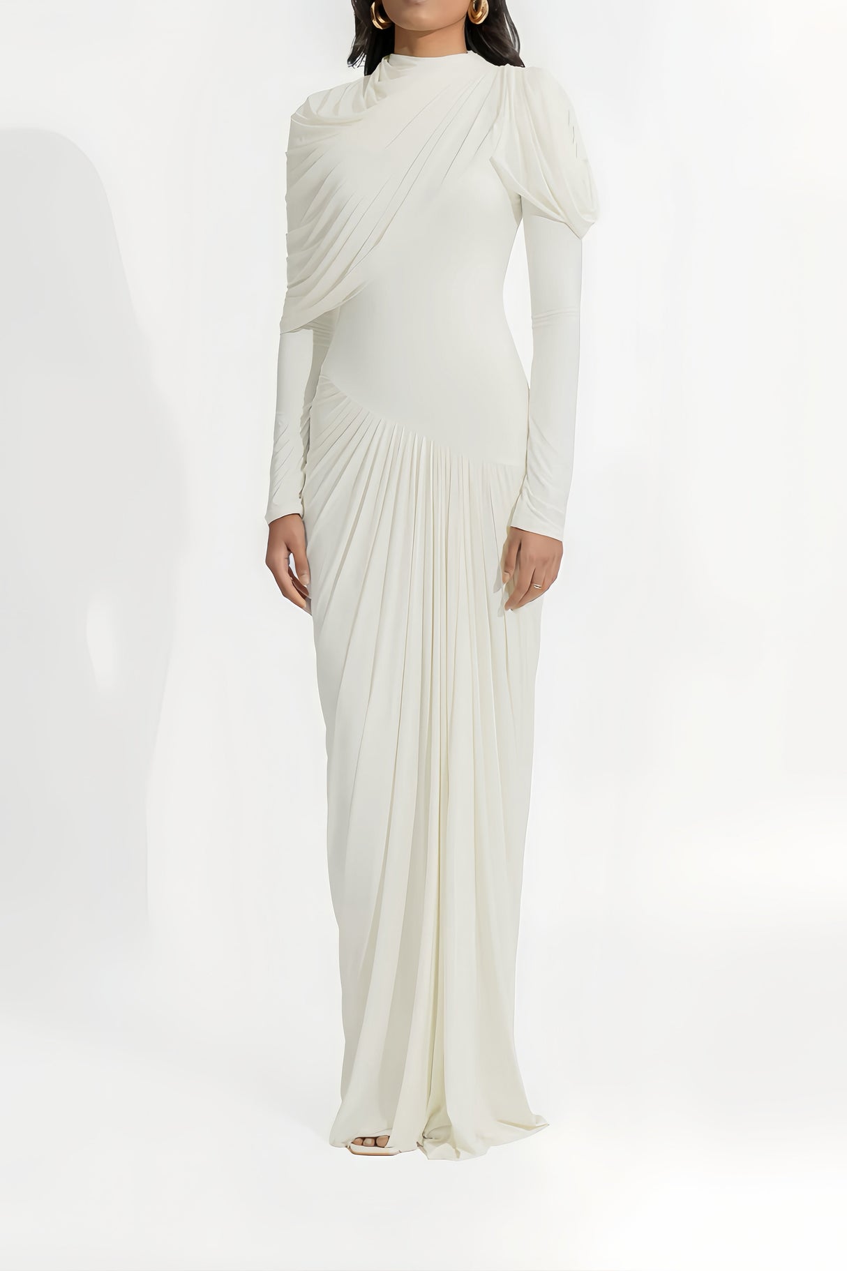Aurohaya Bronwyn White Draped Pleated Asymmetrical Maxi Dress