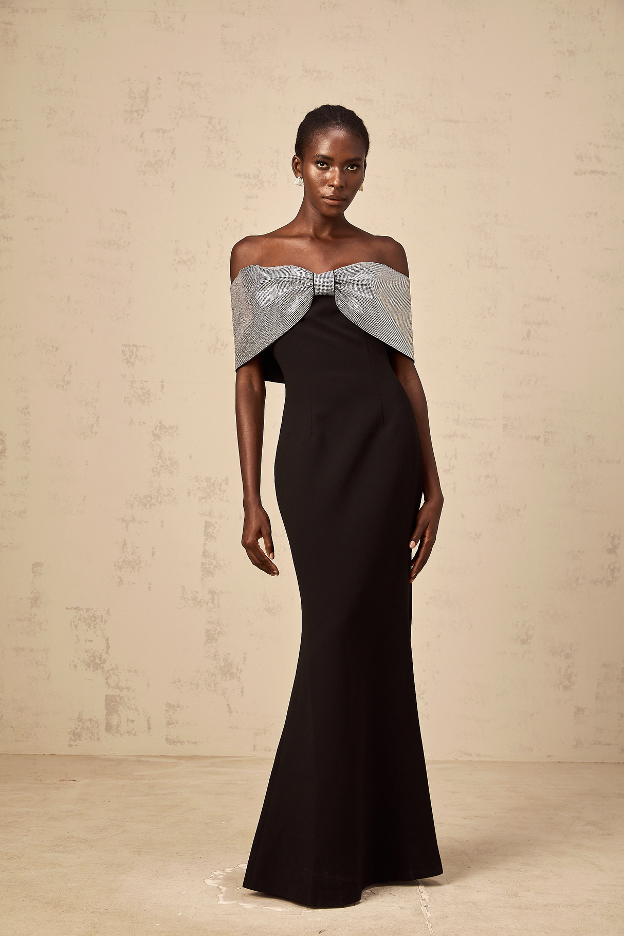 Aurohaya Chloé black rhinestone-bow off-shoulder maxi dress