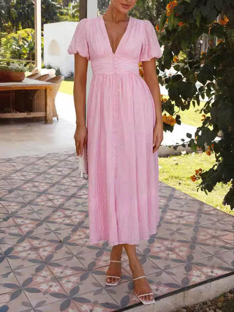 Aurohaya Puff Sleeve V-Neck Long Oversized Hem Dress