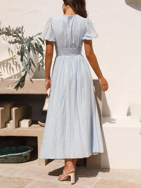 Aurohaya Puff Sleeve V-Neck Long Oversized Hem Dress