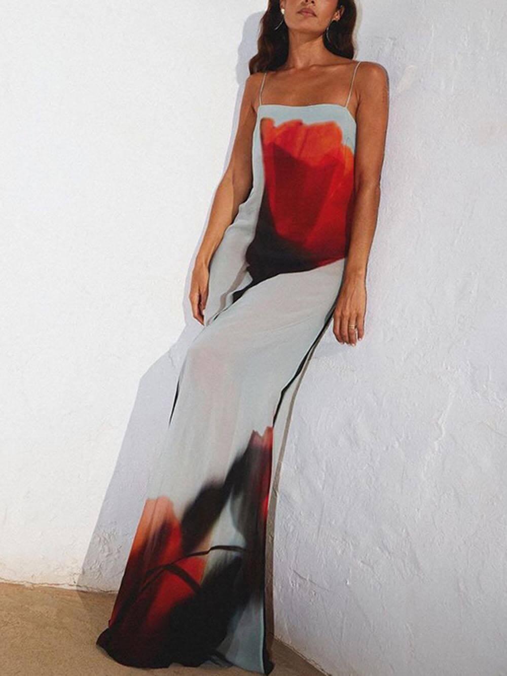 Aurohaya Vacation Abstract Tulip Print Slip H-Line Maxi Dress