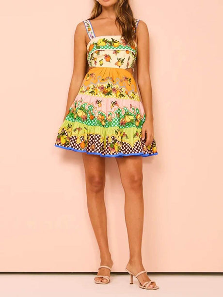 Aurohaya Summer MulticolorLemon Preated Hem Mini Dress