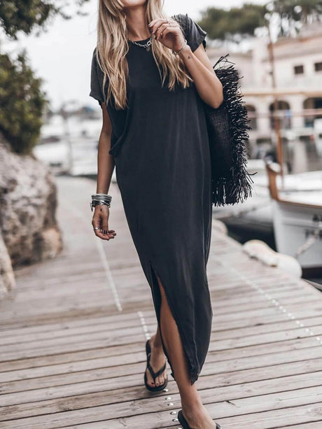 Aurohaya Effortless Open Sleeve Slit Oversized T-shirt Midi Dress