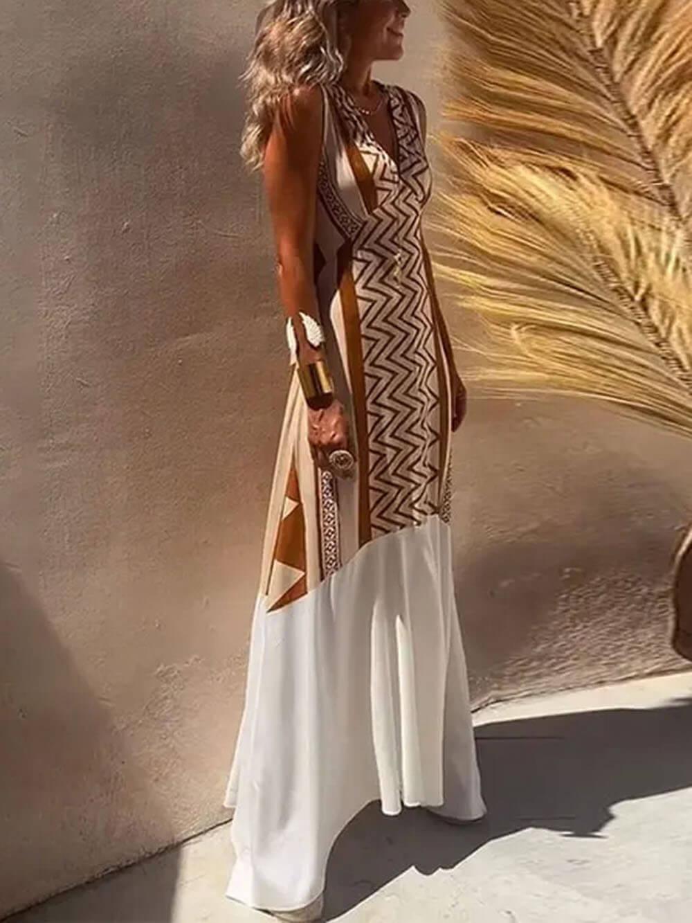 Aurohaya Ethnic Print Patchwork A-line Maxi Dress