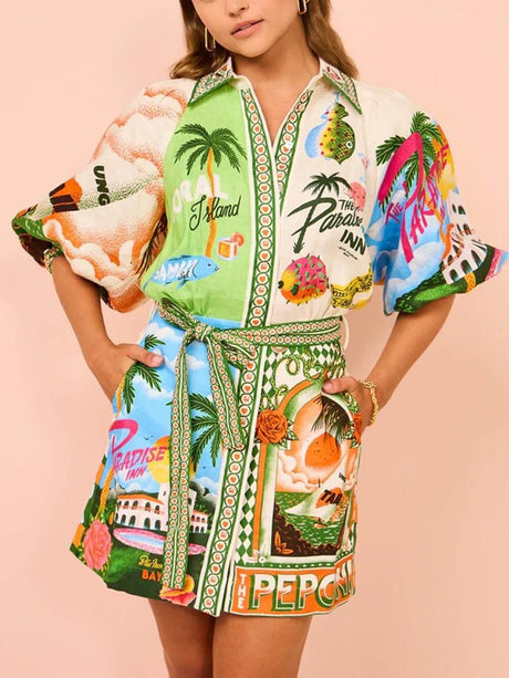 Aurohaya Casual Unique Printed Shirt Cardigan Dress