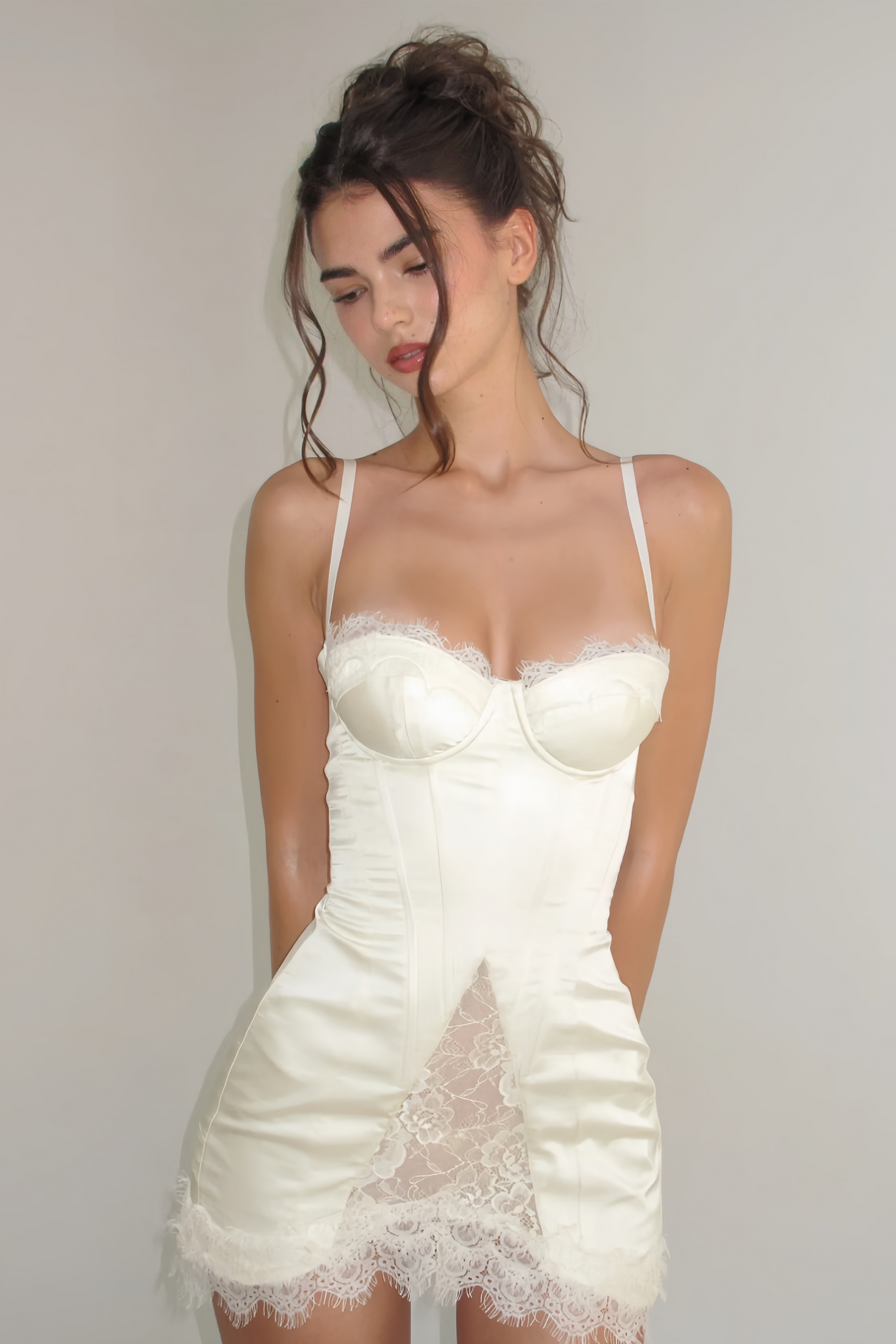 Aurohaya Juliette White Satin Mini Dress with Lace Panels