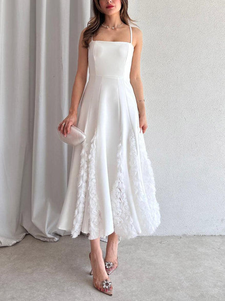 Aurohaya Elegant Rose Floral Applique Spaghetti Strap Midi Dress