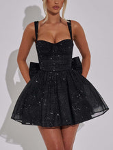 Aurohaya Elegant Pleated Bow Mini Dress Black