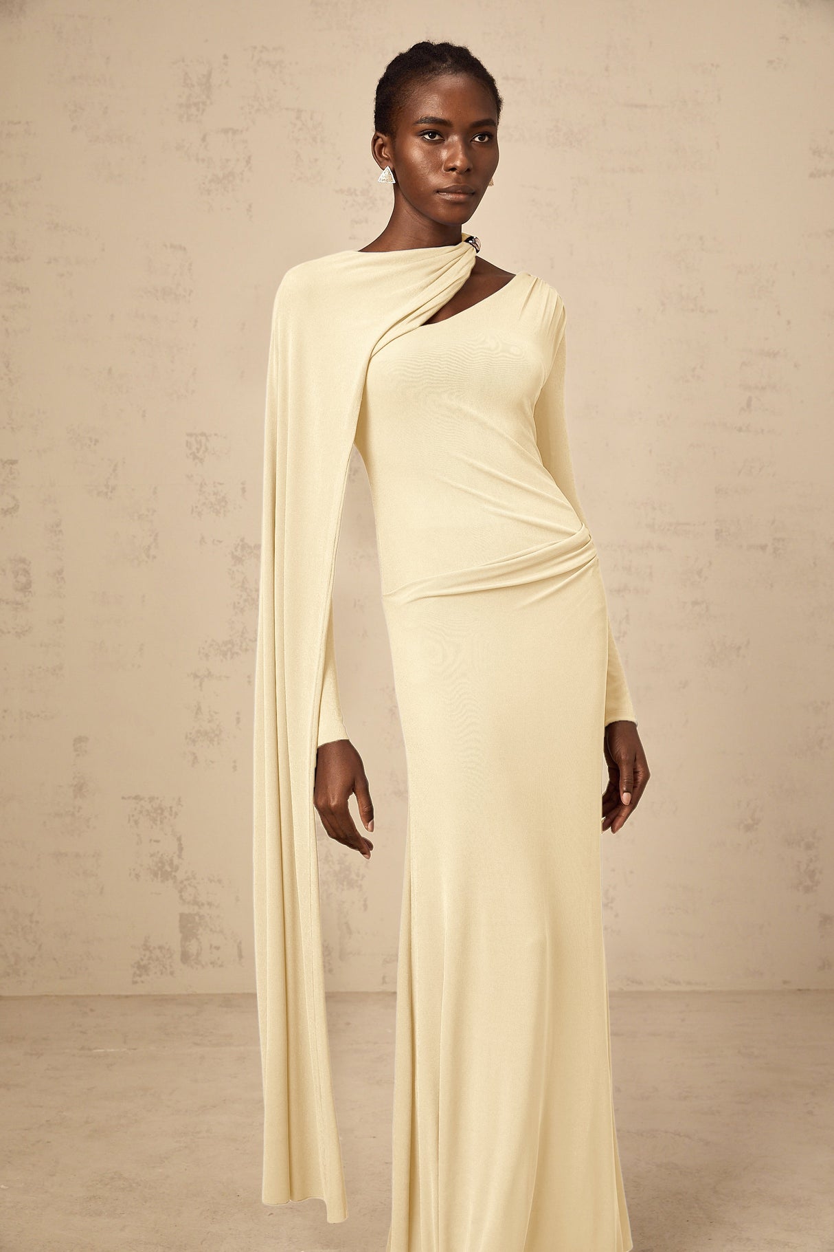 Aurohaya Josette Yellow Diagonal Shawl Fitted Maxi Dress