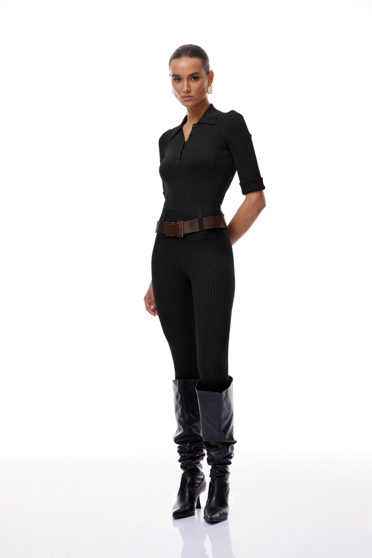 Aurohaya Claire Black Ribbed Knit Bodysuit & Trousers Set