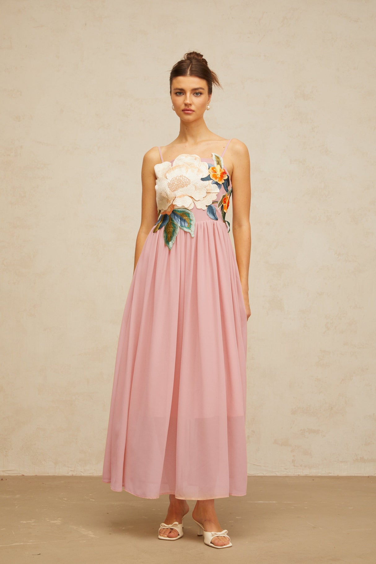 Aurohaya Josette floral-embroidered shirred maxi dress in Pink