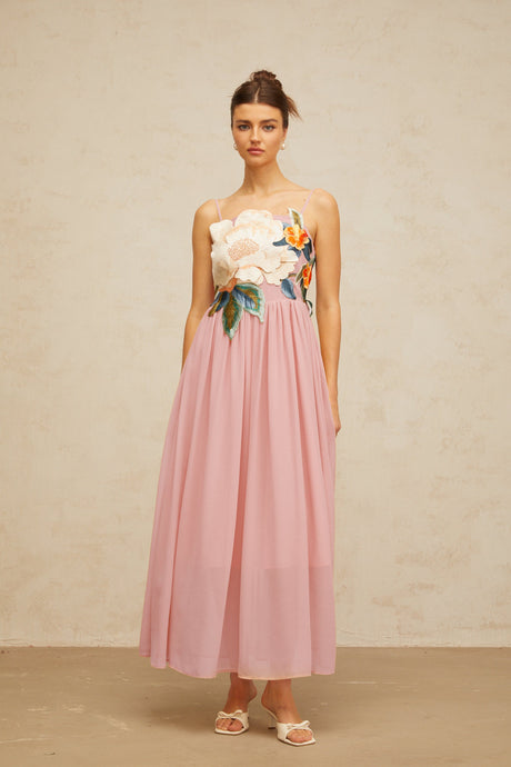 Aurohaya Josette floral-embroidered shirred maxi dress in Pink
