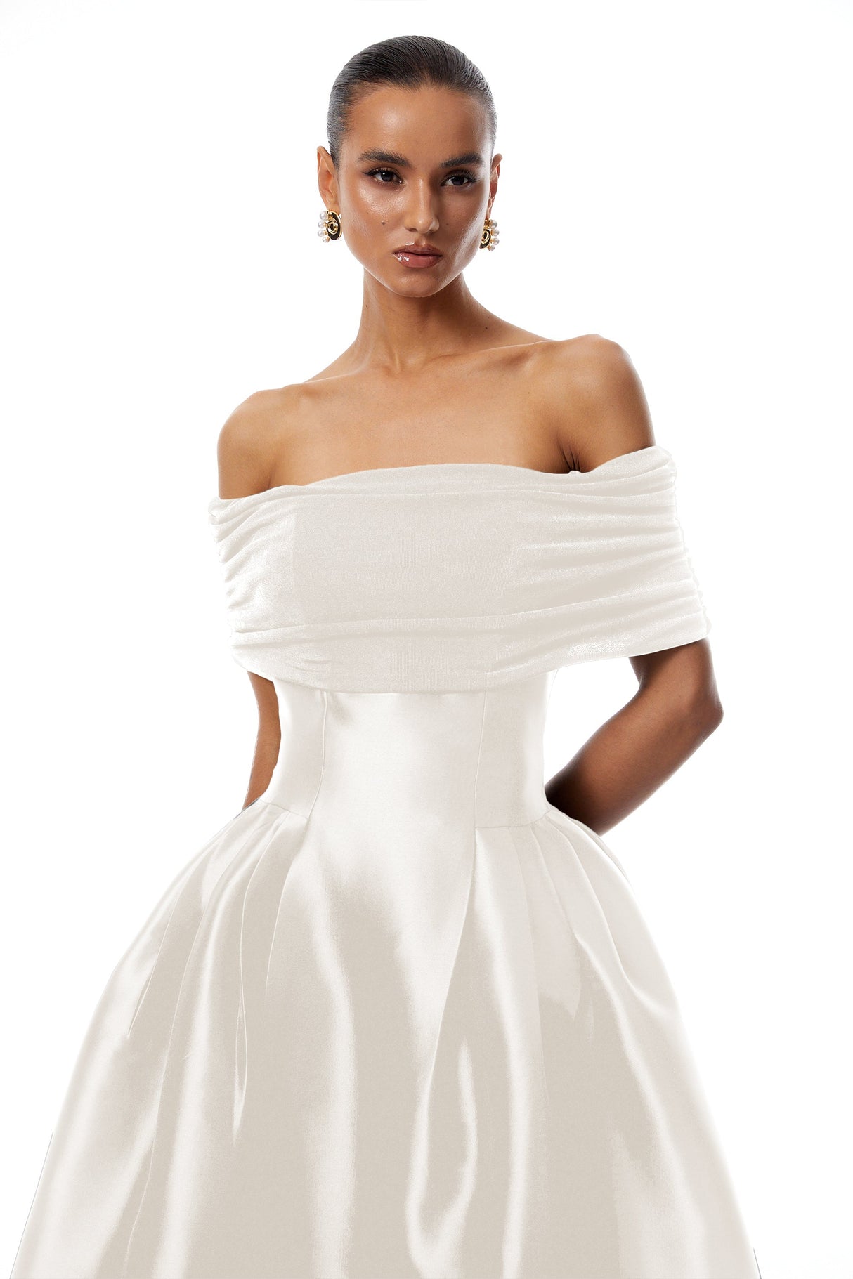 Aurohaya Ainara White Off Shoulder Polished Midi Dress