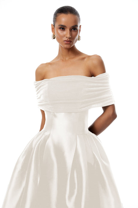 Aurohaya Ainara White Off Shoulder Polished Midi Dress