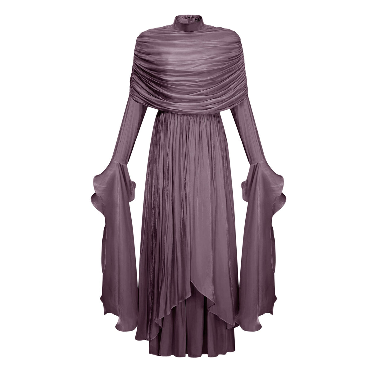 Aurohaya Gustave Purple Ruched Cape Ruffled Maxi Dress
