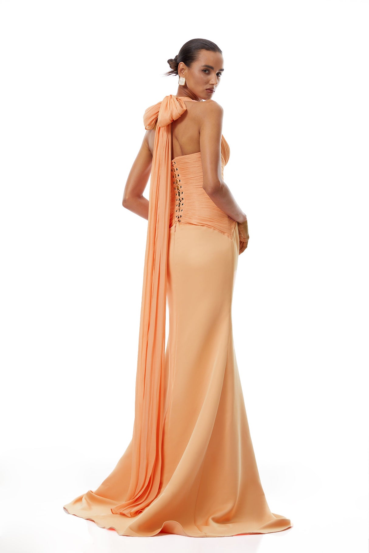 Aurohaya Emmeline Orange Train Design Gathered Maxi Dress