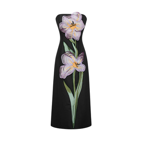 Aurohaya Irène Sequin Embroidered Off-Shoulder Midi Dress in Black