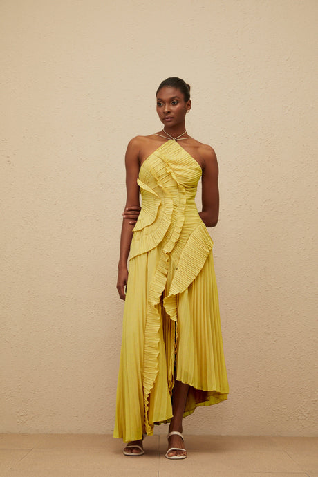 Aurohaya Doux Yellow Ruffled Trim Pleated Midi Dress